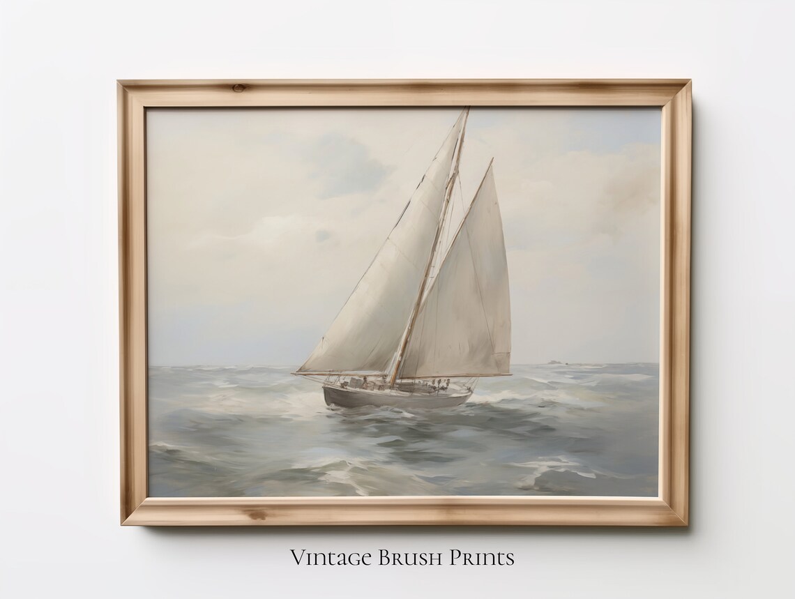 Vintage Sailboat Seascape Painting, Nautical Art Print