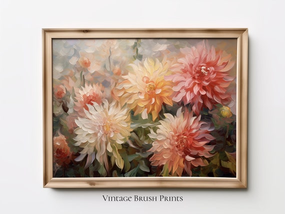 Dahlia Garden Impasto Painting Vintage Floral Print