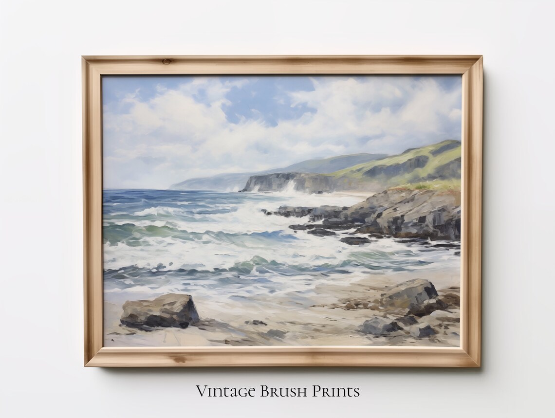 Rocky Coast Crashing Waves Vintage Seascape Painting Art Poster