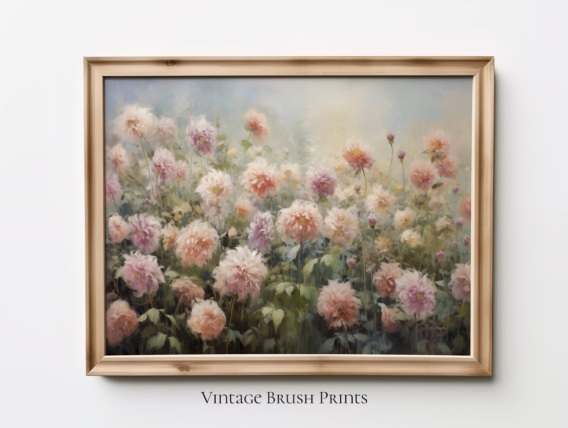 Pastel Dahlia Garden Oil Painting Vintage Spring Blooms Wall Poster