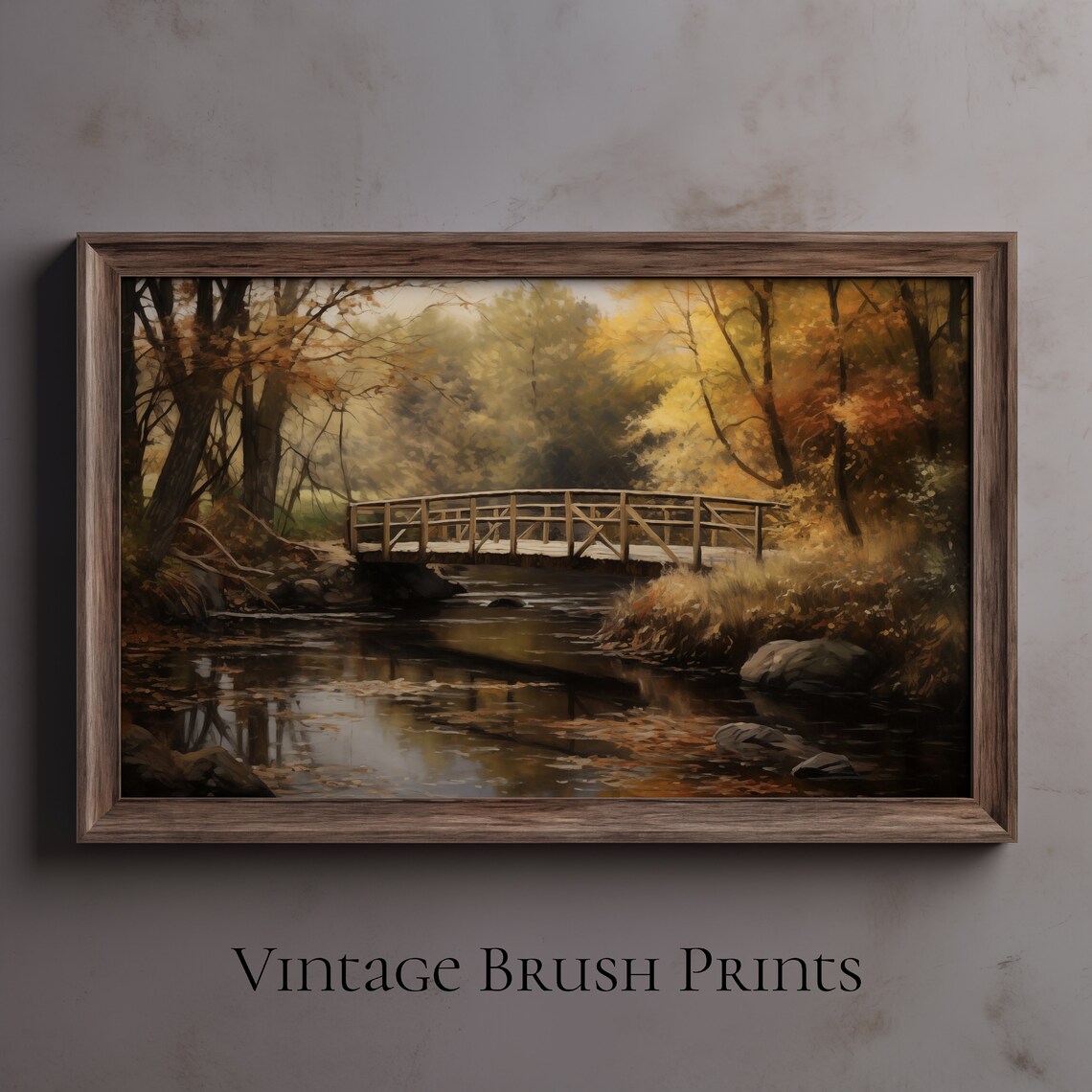 Autumn Bridge River Fall Forest Golden Leaves Vintage Art Poster