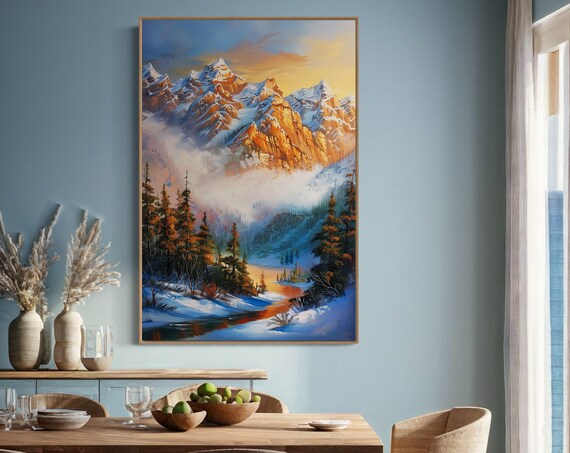 Sunrise In Alps Pine Tree And Snowy Mountain Art River Painting Print For Aesthetic Room Decor Modern Impressionism Home Decore