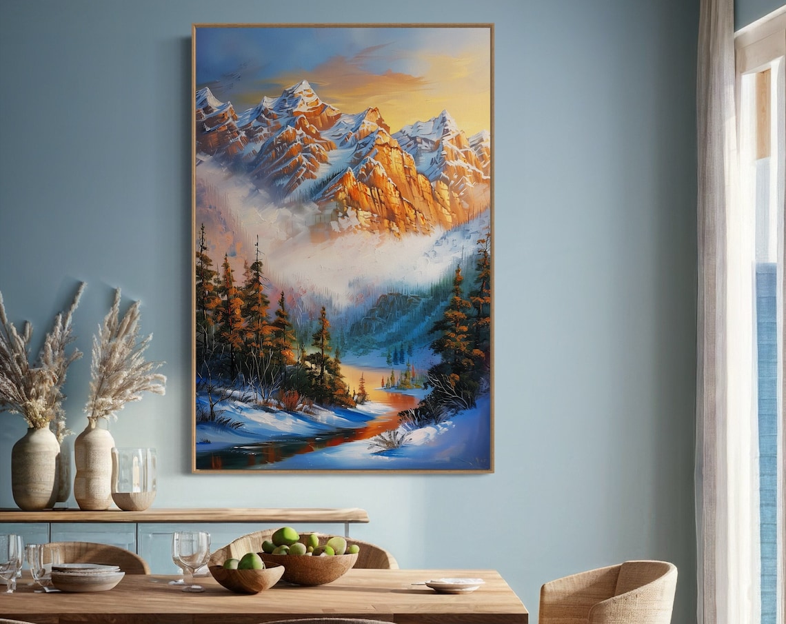 Sunrise Snowy Mountain Peaks Golden Alpine Glow River Pines Art Poster