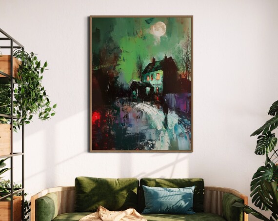 Moonlit Night Cityscape Expressionism Art Print Atmospheric Moonlight Poster Moody Dramatic Wall Art Melancholic Goth Room Decor