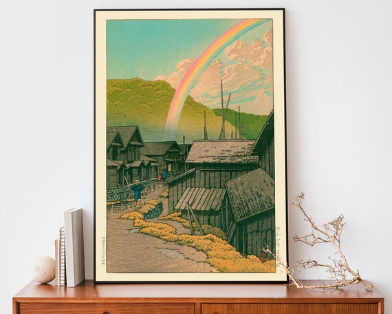 Kawase Hasui Rainbow Over Village Wooden Houses Hills Vintage Woodblock Poster
