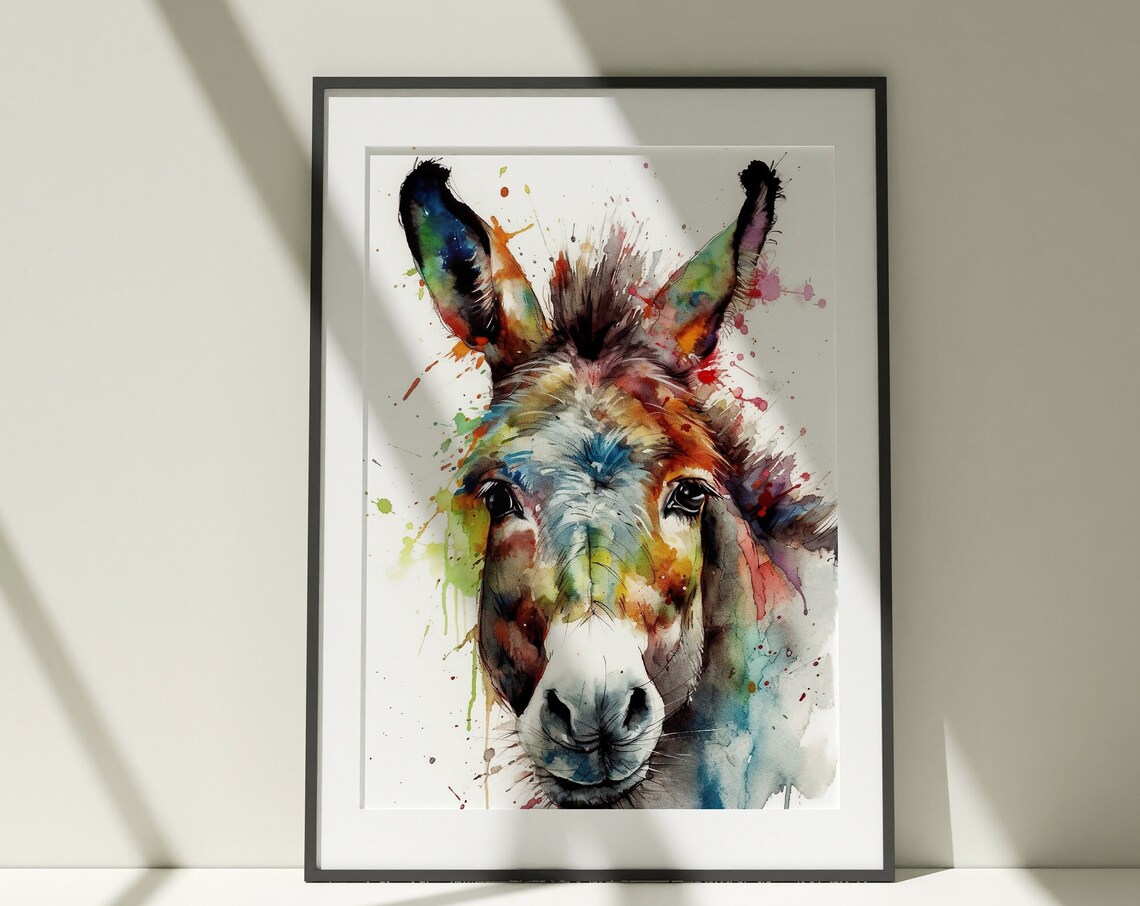Colorful Donkey Watercolor Farm Animal Splash Portrait Art Poster