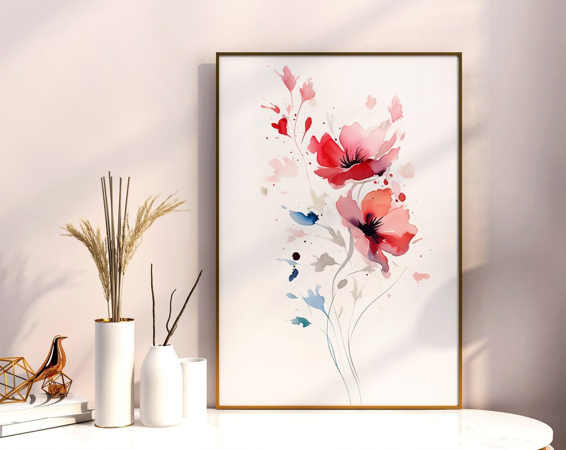 Red Poppy Flowers Minimalist Watercolor Floral Painting Wall Art