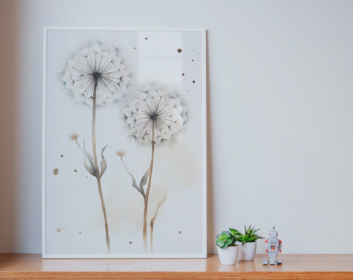 White Dandelion Watercolor Seed Heads with Gold Splatter Minimalist Poster - Image 5
