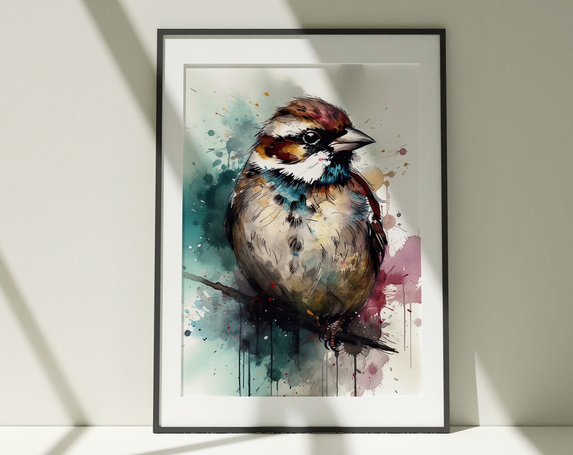 Sparrow Watercolor Portrait Perched Songbird Splash Art Poster