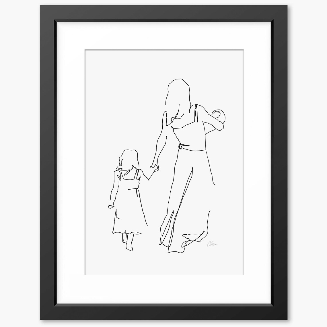 Loving Mother with Baby and Daughter Walking Away Line Art Poster