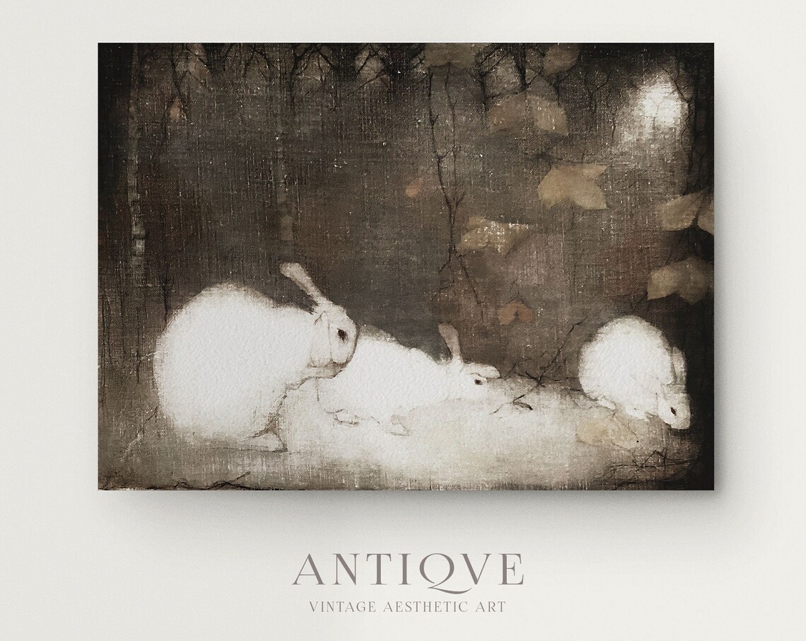 White Bunnies Painting, Dark Cottagecore Decor