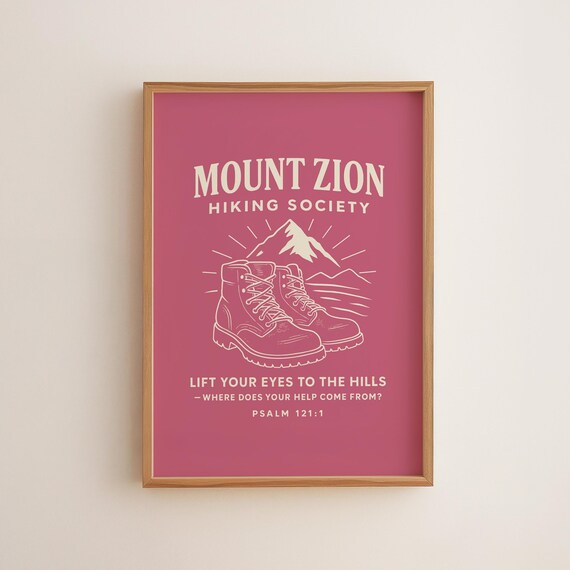 Mount Zion Hiking Society Psalm 1211 Print Pink Bible Verse Wall Art Christian Girl Room Decor Scripture Poster