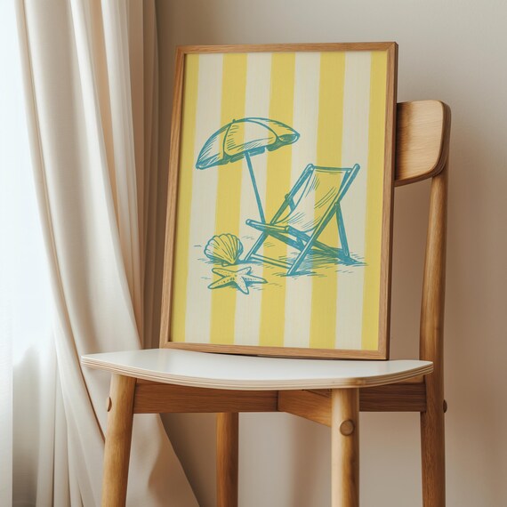 Yellow Striped Beach Chair Umbrella Coastal Sketch Summer Print