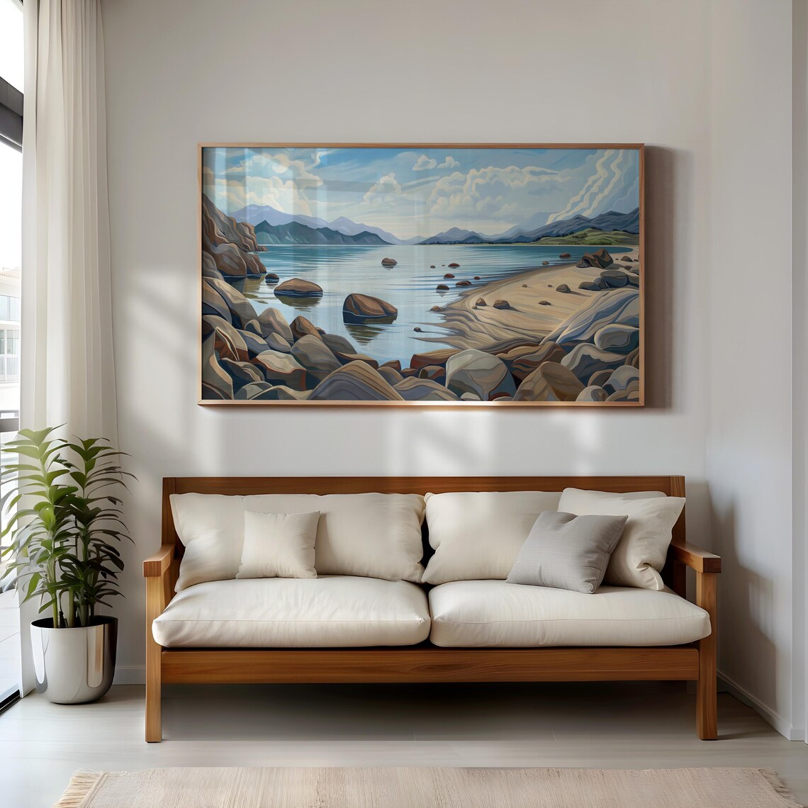 Rocky Beach Shoreline Waves Mountain Backdrop Coastal Painting Poster