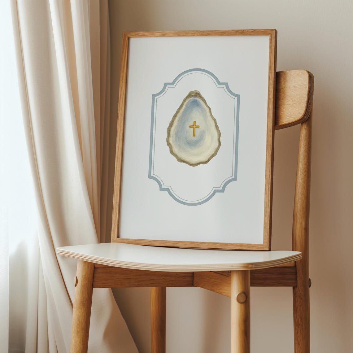 Oyster Shell with Gold Cross Coastal Christian Faith Art Poster