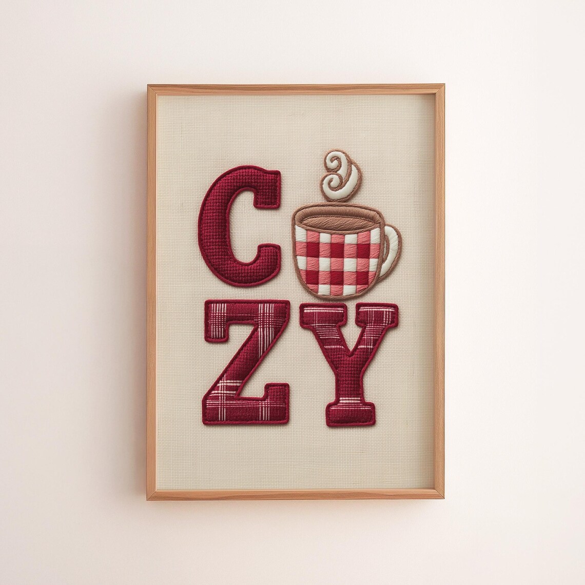 Cozy Embroidered Letters Plaid Coffee Mug Winter Farmhouse Poster