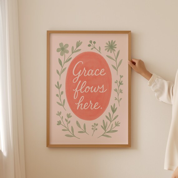 Grace Flows Here Pink Botanical Christian Quote Floral Wall Art