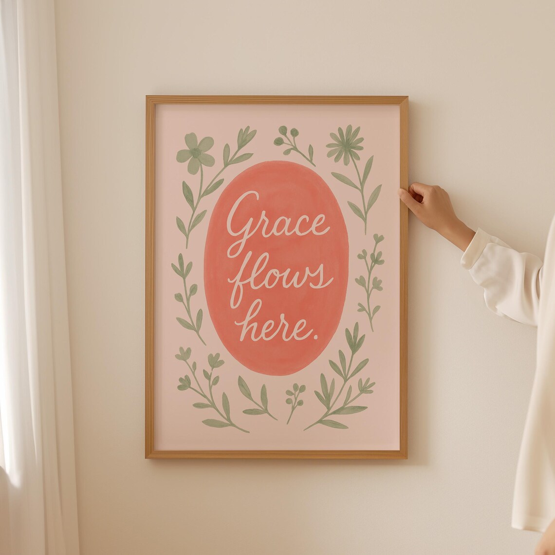 Grace Flows Here Pink Botanical Christian Quote Floral Wall Art