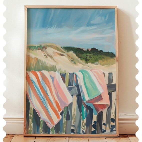 Striped Beach Towels Draped Over Railing Coastal Summer Poster