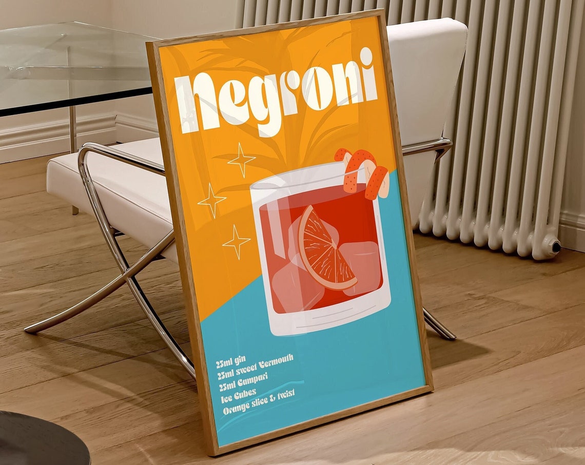 Negroni Vintage Cocktail Recipe Orange Slice Blue Retro Bar Poster - Image 3