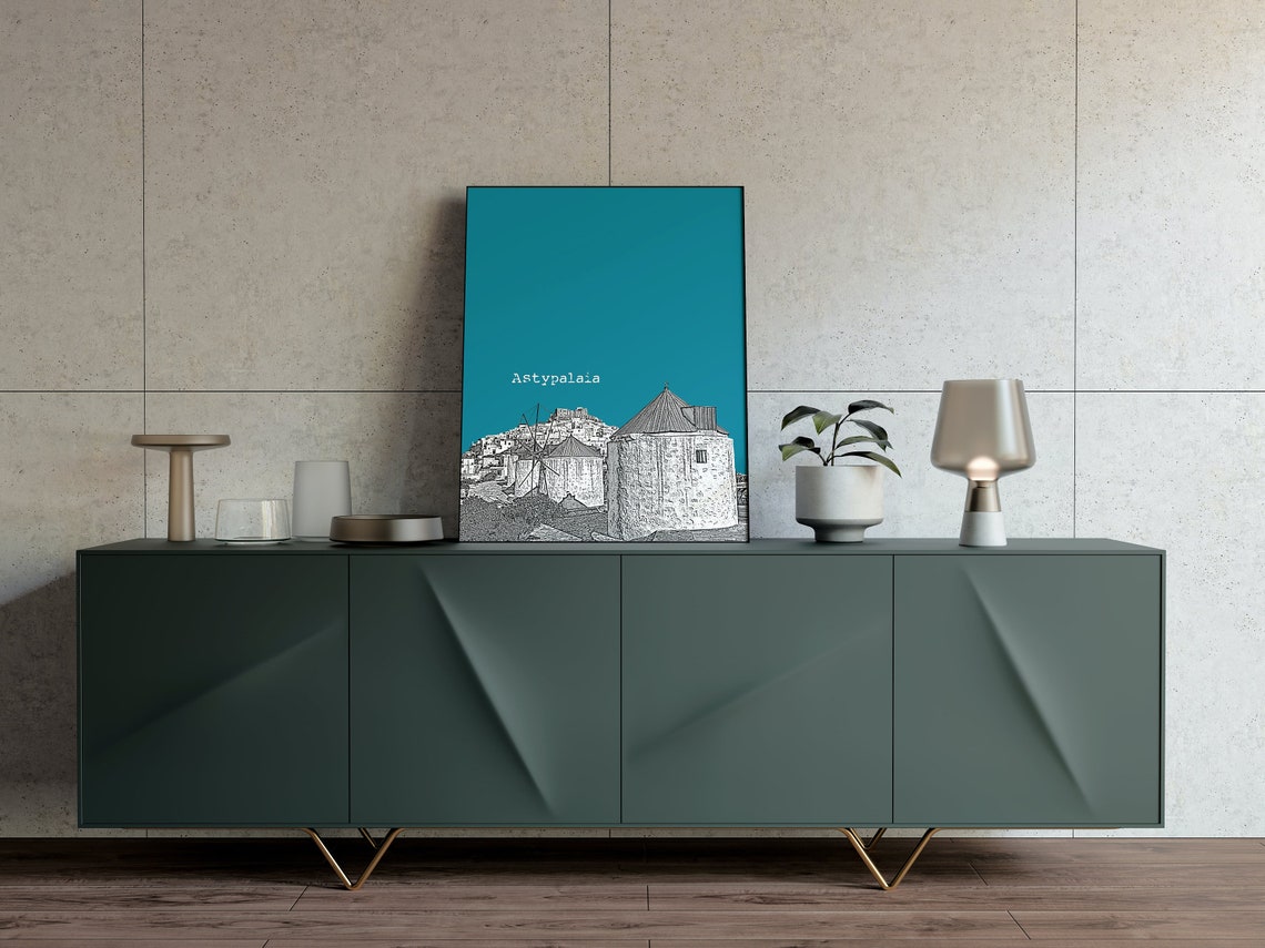 Astypalaia Teal Pop Art Greek Windmill Village Sketch Print Decor - Image 3