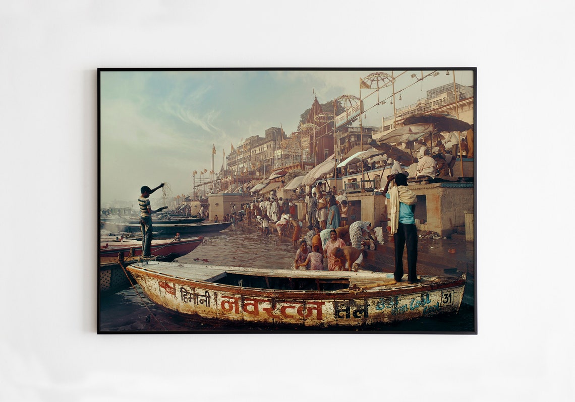 Varanasi India Ghat River Boats And Bathing People Photo Print Decor - Image 3