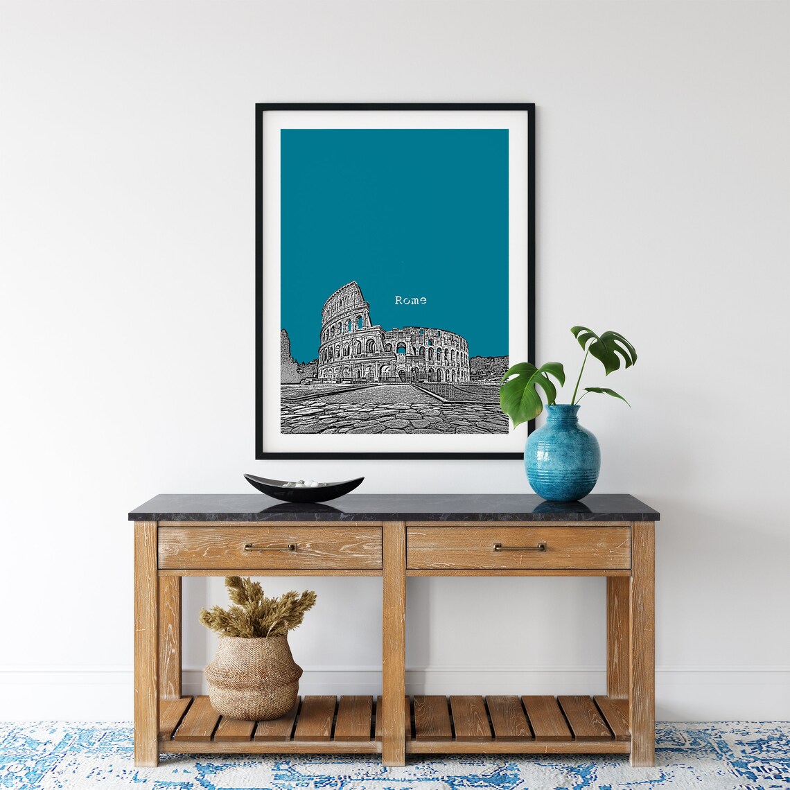 Roma Teal Pop Art Colosseum Ancient Landmark Sketch Print Decor - Image 2