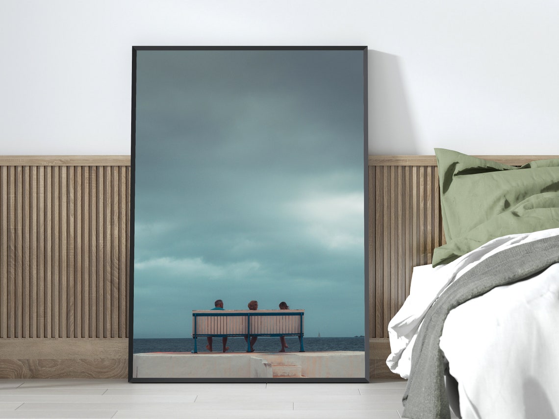 Couple on Bench Seaside Photo Print Moody Ocean Photography Wall Decor - Image 3