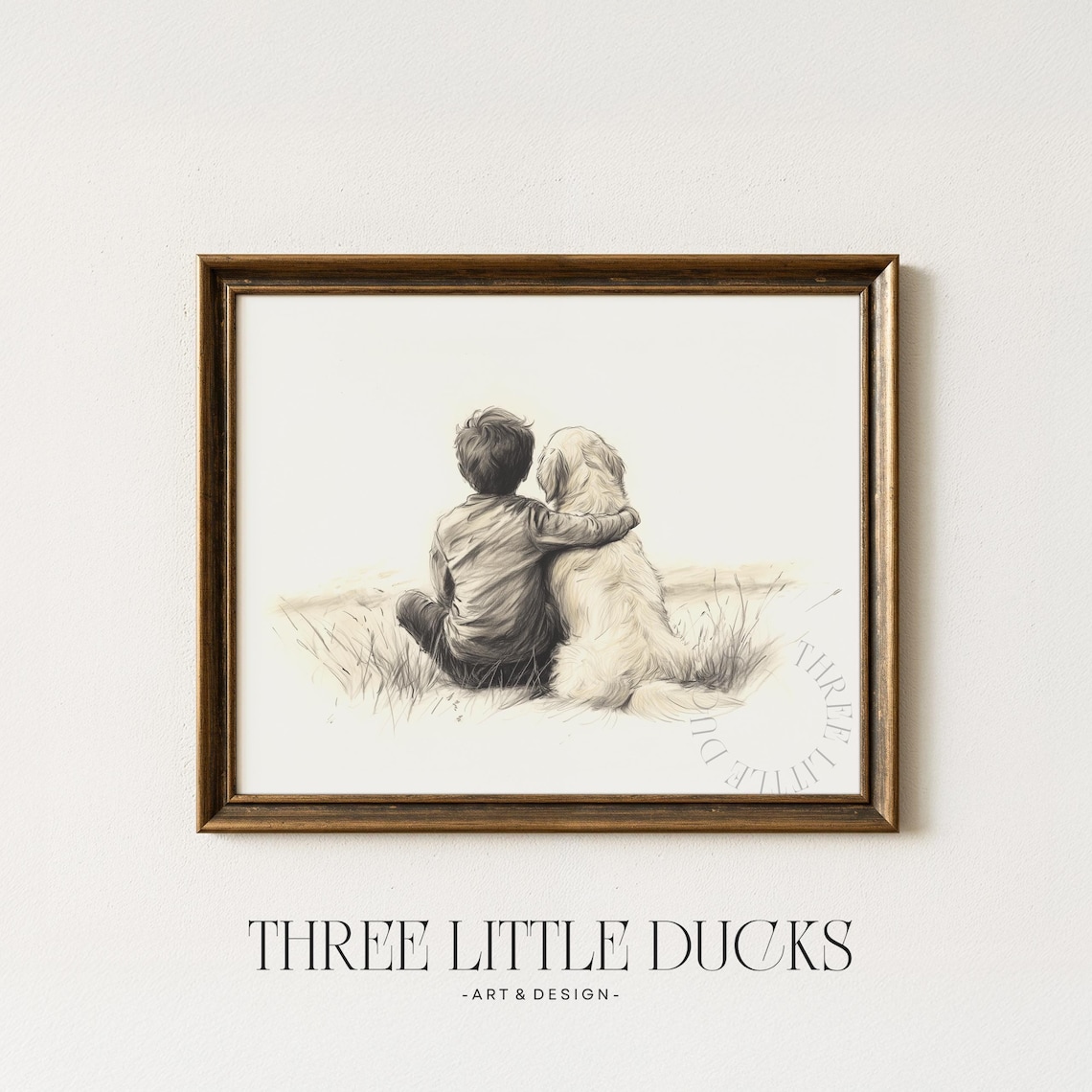 Boy and Golden Retriever Embrace Vintage Sketch Nursery Wall Art