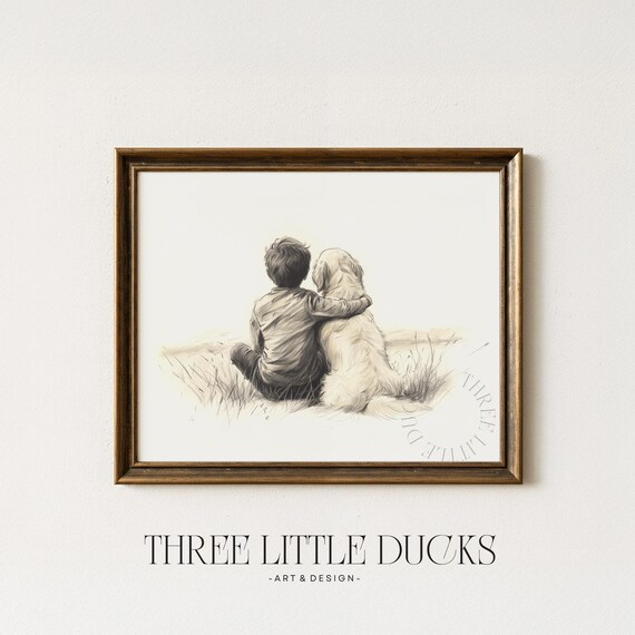 Little Boy And Golden Retriever Art Sketch Print Dog Vintage Boys Nursery Decor Kids Room Retro Puppy Drawing 263