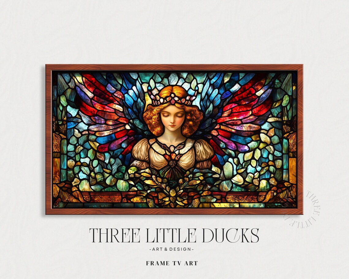 Victorian Stained Glass Angel with Floral Wings Frame TV Wall Art