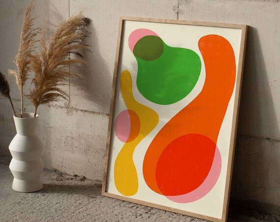 Colorful Abstract Art Print Instant Mid Century Scandinavian Wall Art Green Orange Pink And Yellow Funky Wavy Shapes