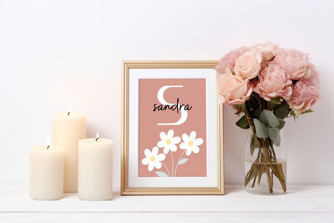 Personalized Daisy Nursery Name Poster Dusty Pink Floral Initial Wall Decor - Image 2