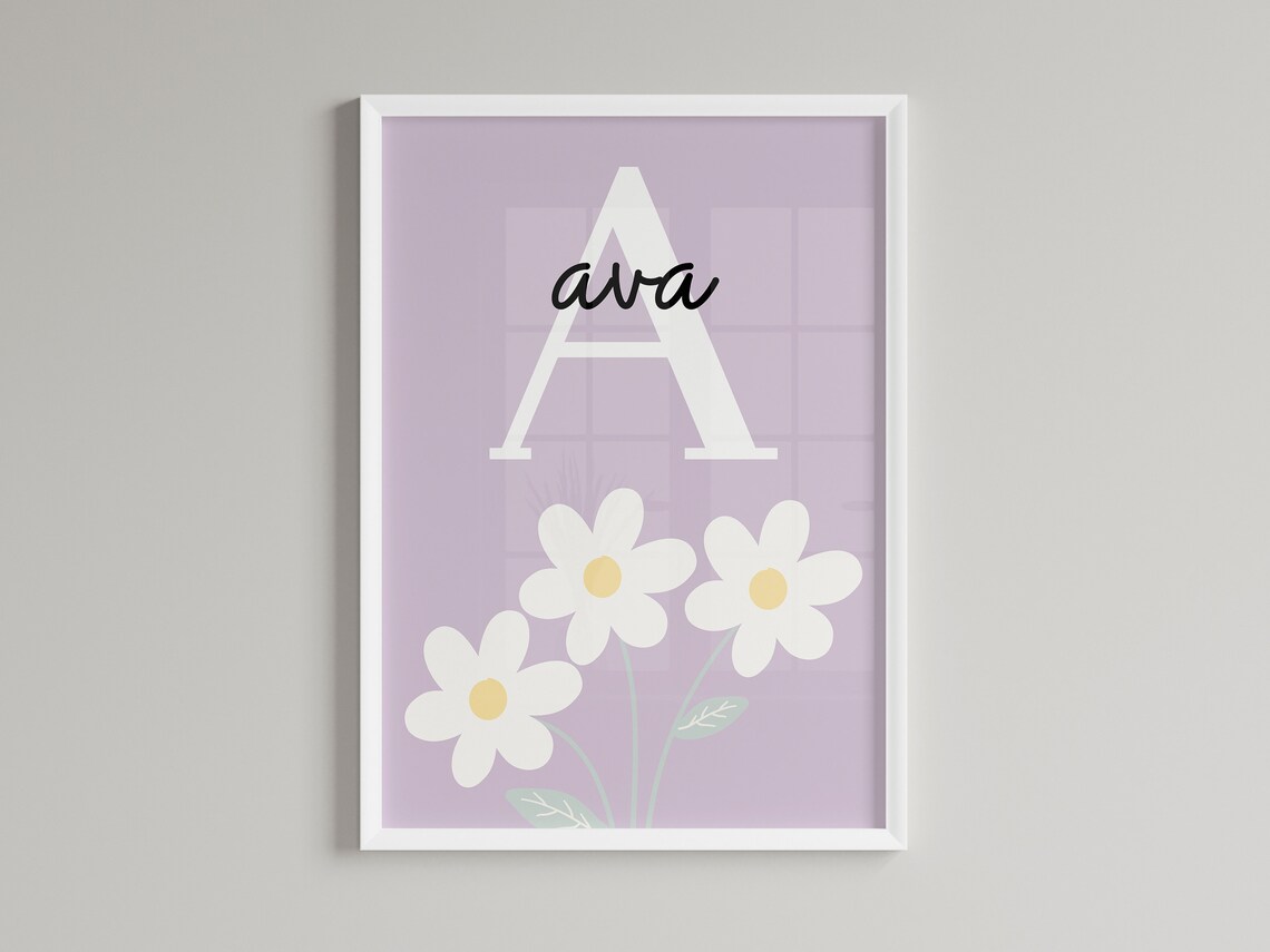 Personalized Daisy Nursery Name Poster Lilac Floral Initial Girls Room Art - Image 2
