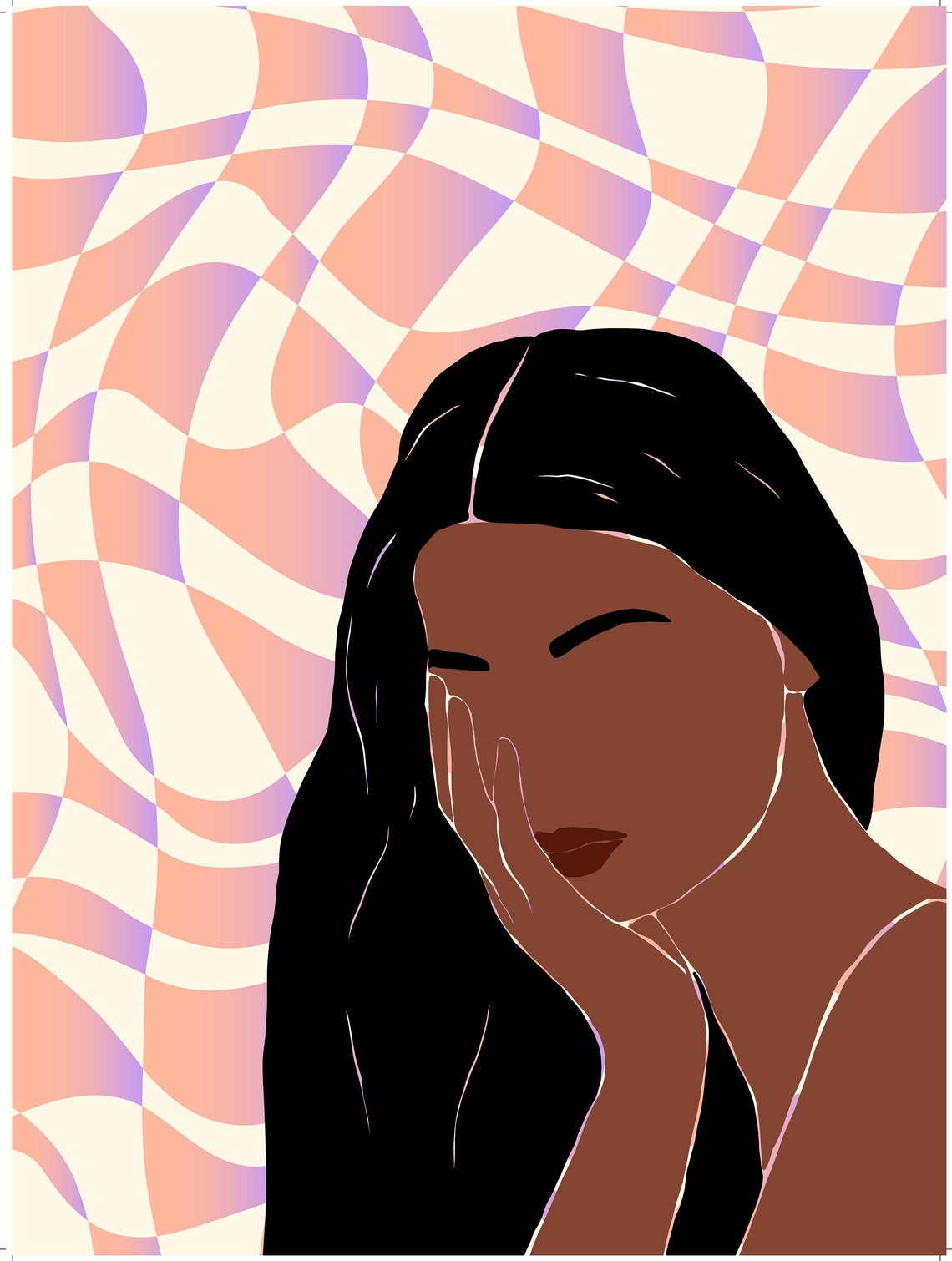 Woman Portrait Hand on Cheek Retro Pink Checkerboard Art Poster - Image 2