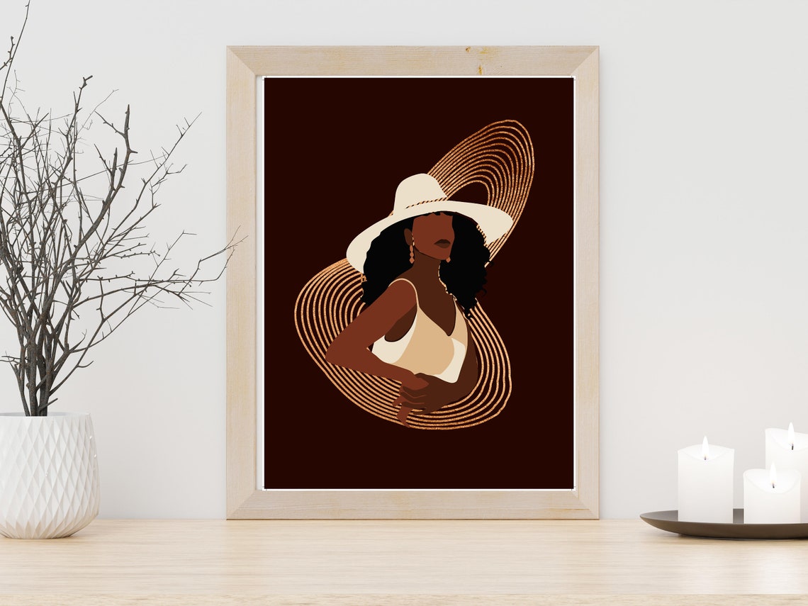Elegant Woman Sun Hat Swimsuit Gold Swirls Dark Brown Art Poster