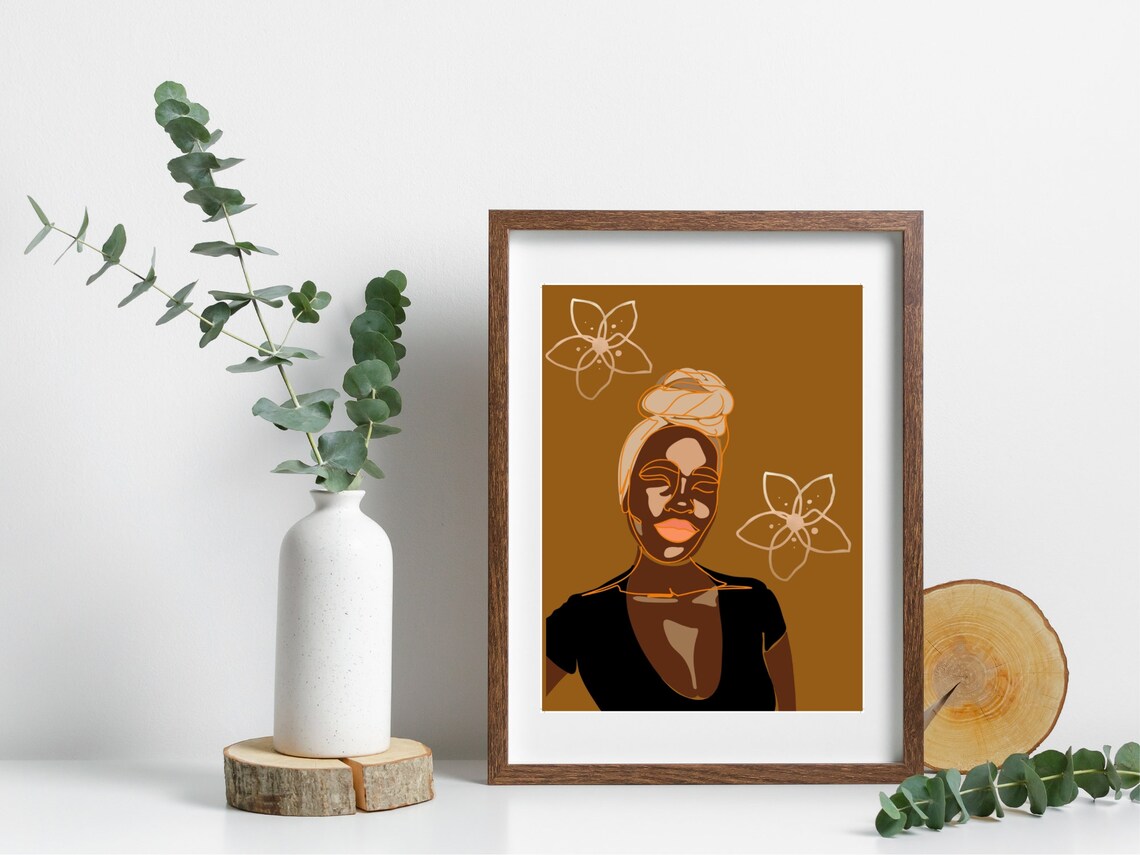 Headwrap Woman Closed Eyes Mustard Floral Minimalist Art Poster - Image 4