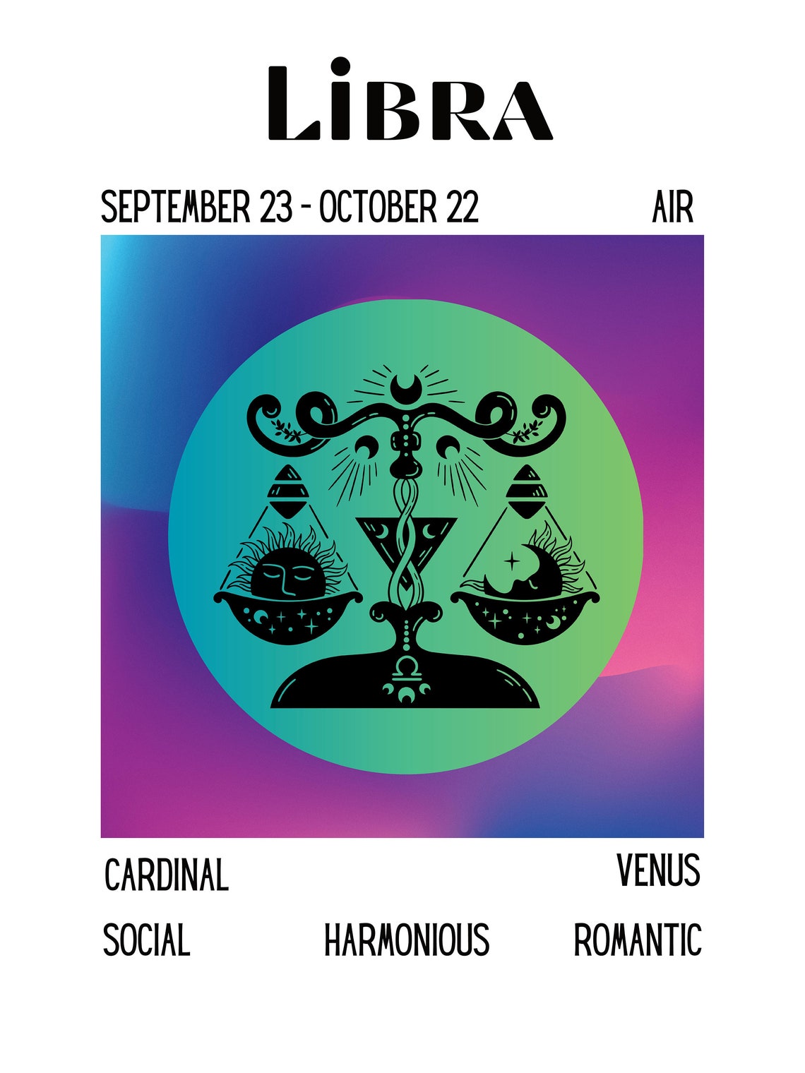 Bold Libra Zodiac Sign Traits Dates Gradient Scales Art Poster - Image 4