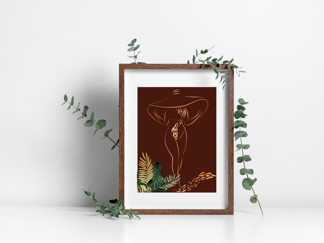 Gold Line Art Woman Wide Hat Tropical Leaves Chic Boho Art Print - Image 4