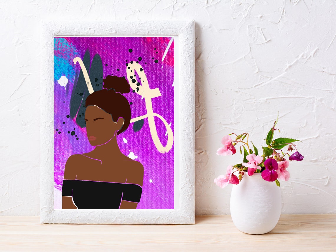 Woman Top Bun Magenta Purple Paint White Scribble Art Poster