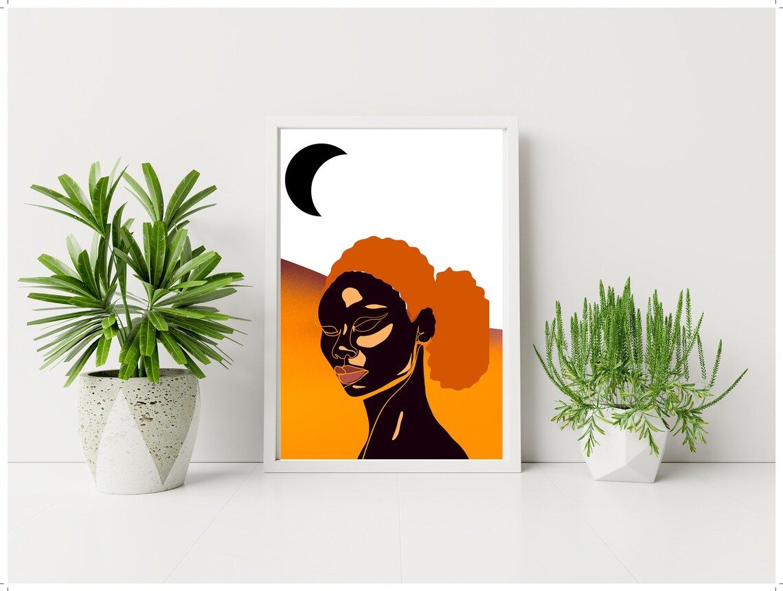 Black Woman Orange Afro Abstract Sunset Moon Portrait Poster - Image 3