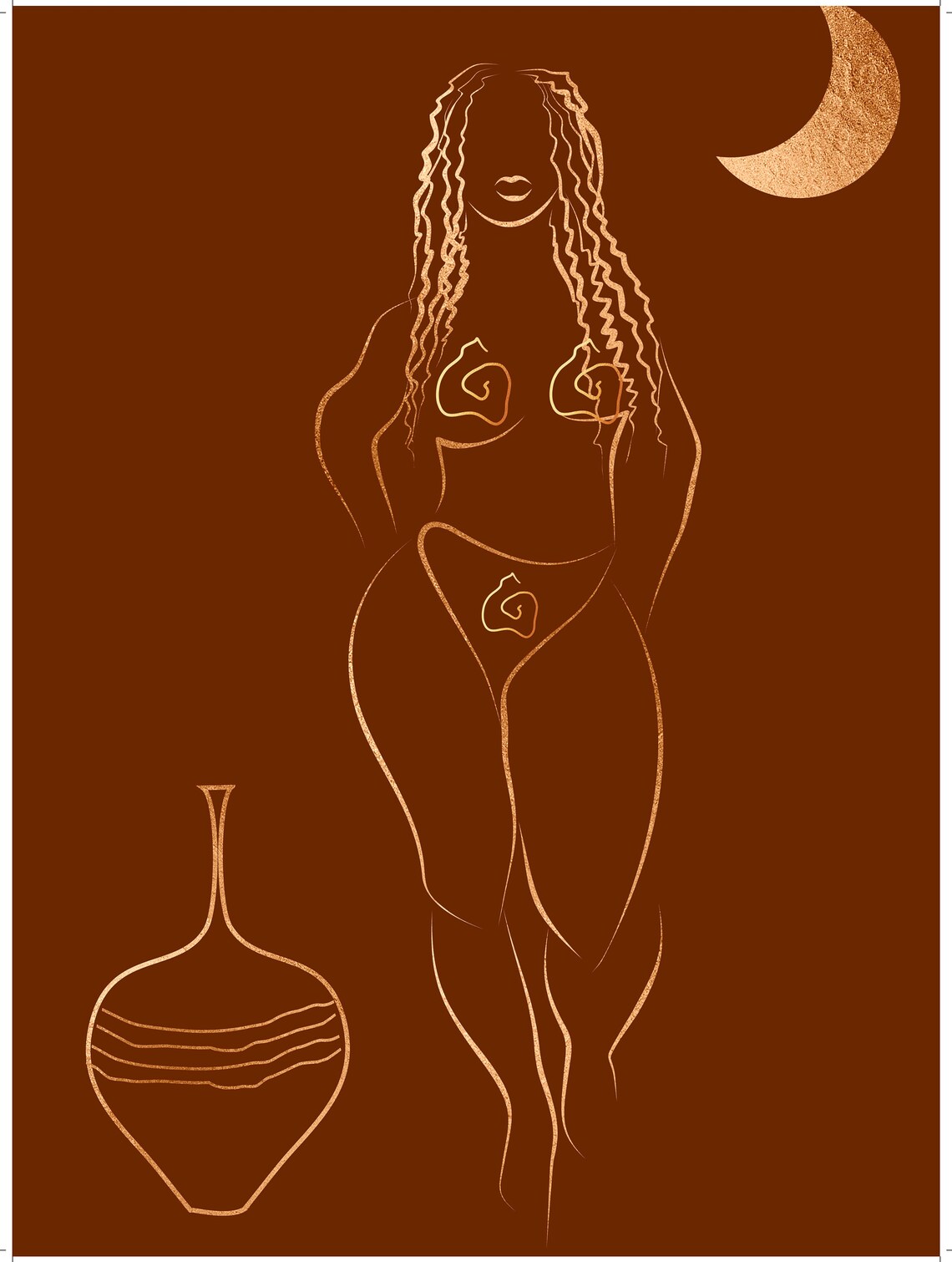 Boho Black Woman Line Art Terracotta Female Figure Moon Poster - Image 2