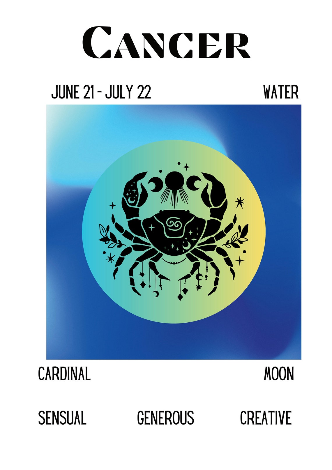Cancer Zodiac Sign Traits Dates Gradient Crab Circle Art Poster - Image 4