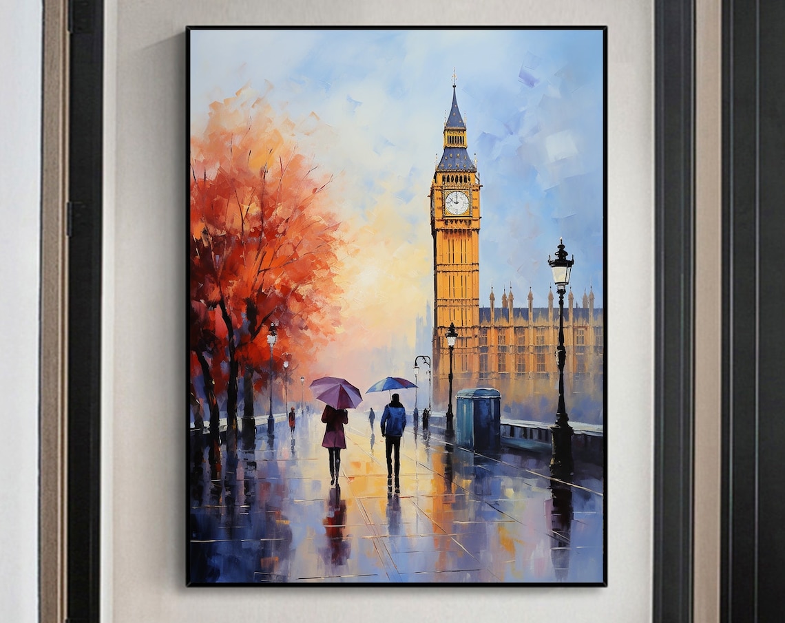 Rainy London Street with Big Ben Umbrellas and Autumn Poster