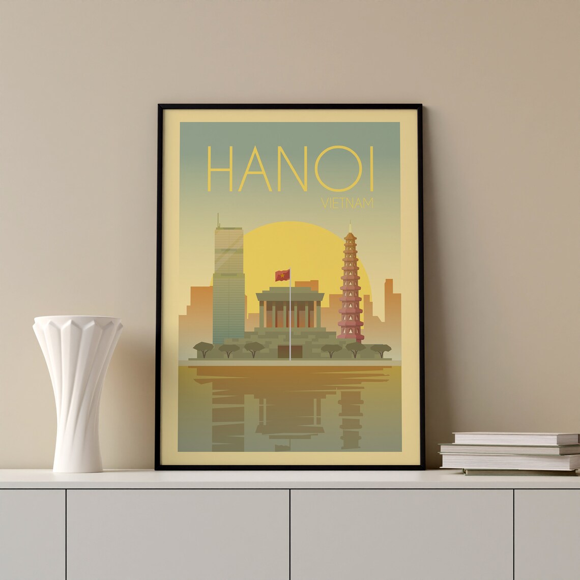 Hanoi Vietnam Vintage Travel Pagoda Temple Sunset Skyline Poster - Image 2
