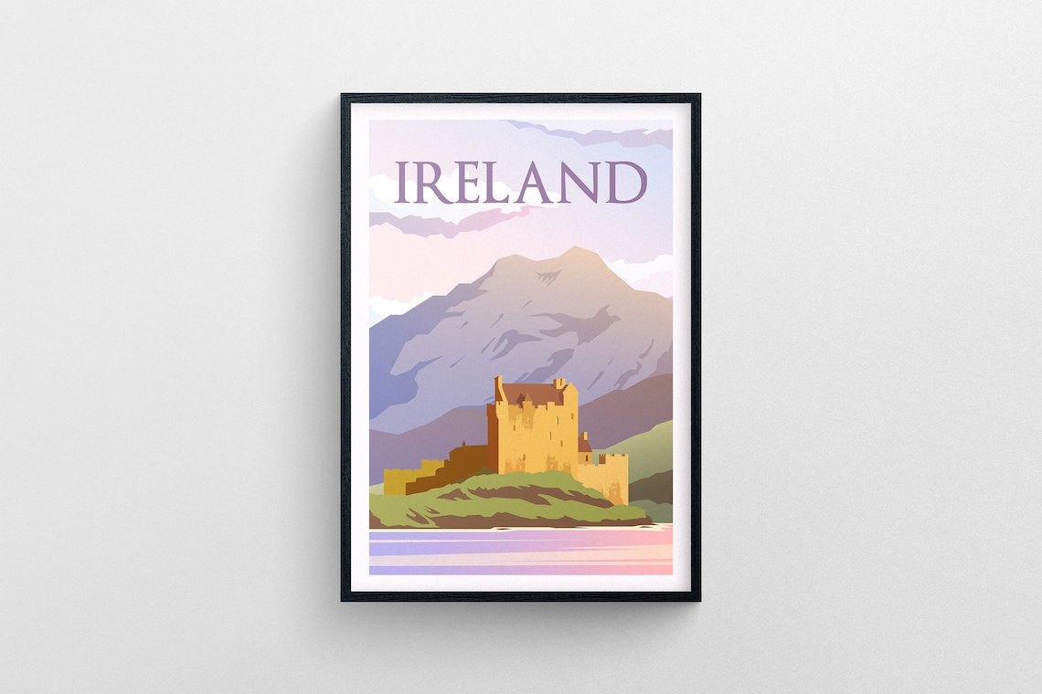 Ireland Castle Lake Mountain Sunset Historic Landscape Poster Art - Image 5