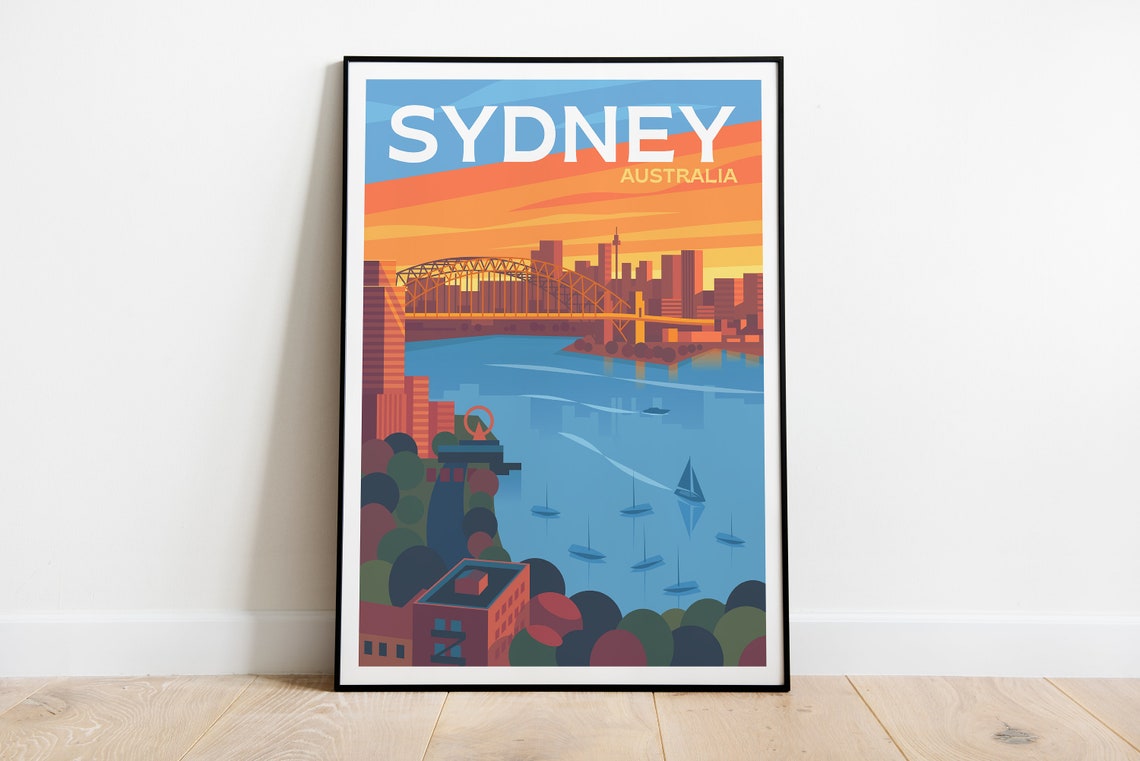 Sydney Harbour Bridge Australia Sunset Sailboats Skyline Poster Art