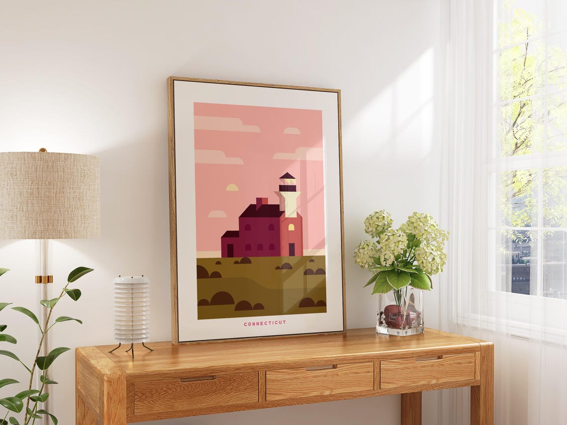 Connecticut Lighthouse Coastal Sunset Geometric Art Wall Poster - Image 5