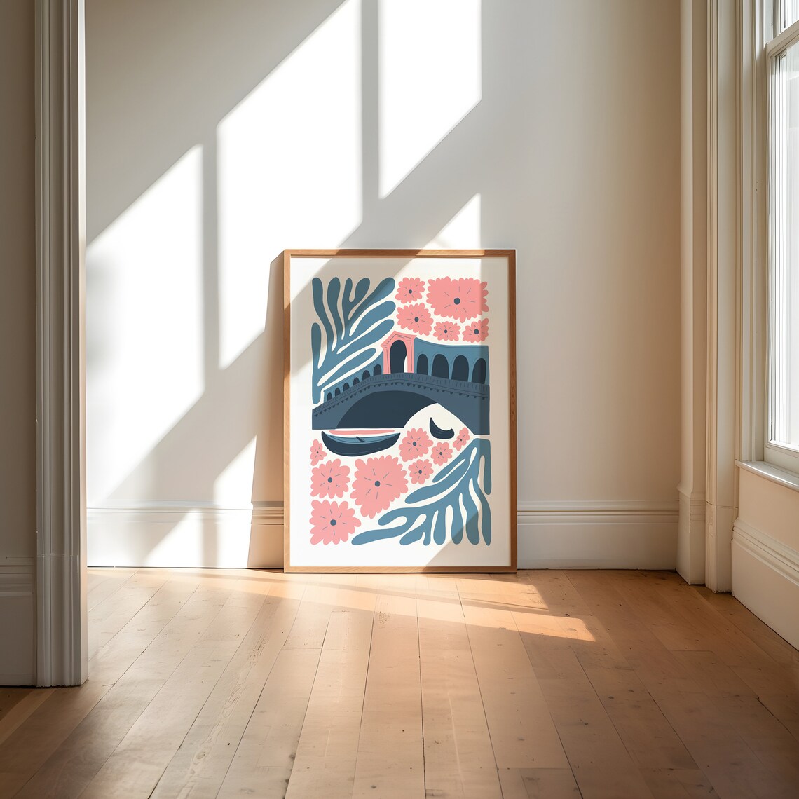 Venice Rialto Bridge Gondola Pink Floral Matisse Inspired Style Poster - Image 4