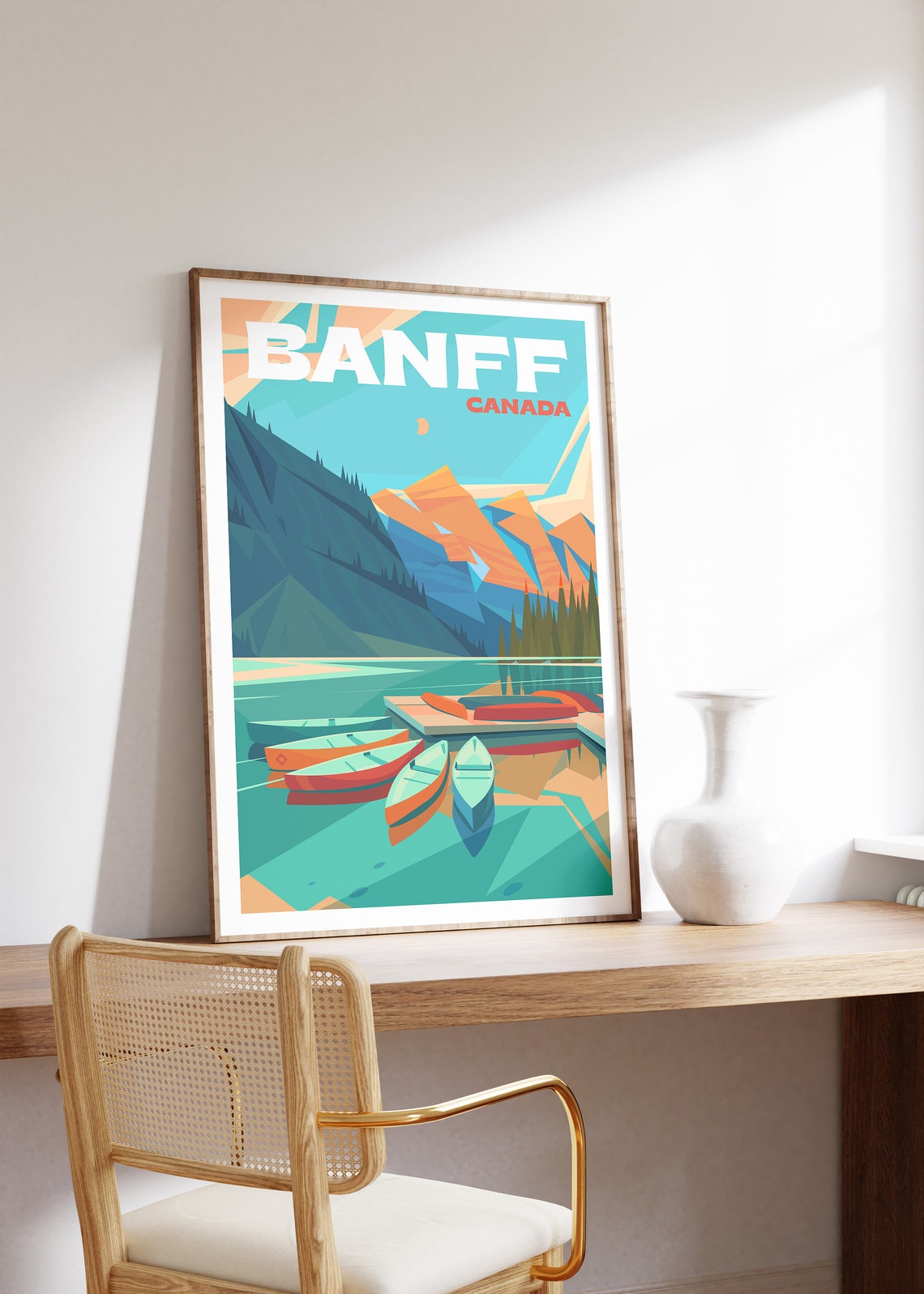 Banff Canada Retro Travel Poster Canoes Turquoise Lake Mountains Art - Image 3